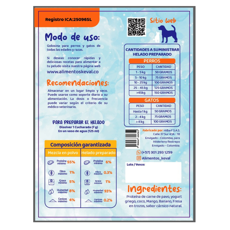 Keval Helado Instantáneo de yogur, frutas y pavo, presentación de 30g.